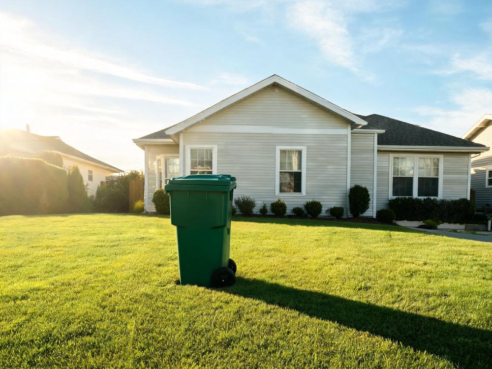 Sunlit front lawn with a green wheeled garbage bin casting a long shadow