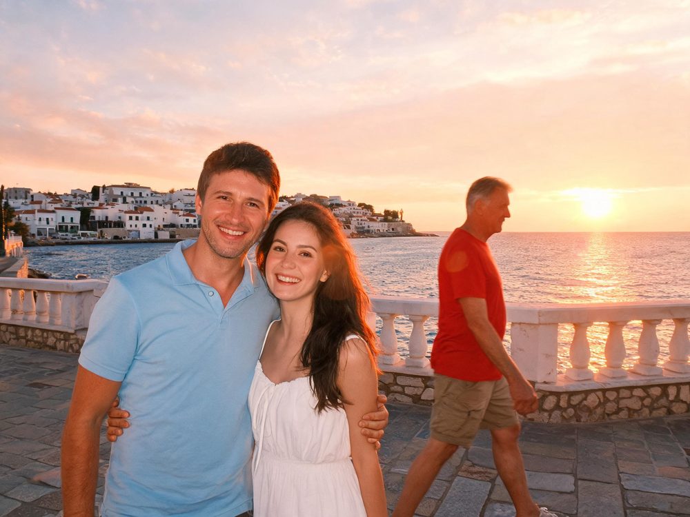 Holiday photo of a couple with a stranger in a red shirt walking behind them